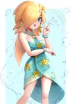  1girl alternate_costume blonde_hair blue_eyes dress gonzarez highres mario_(series) mario_kart_tour pointing pointing_up rainbow rosalina solo star_(symbol) sundress super_mario_galaxy water 