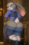  2021 anthro big_butt butt clothing clothing_too_small disney female judy_hopps lagomorph leporid looking_back mammal police_uniform purple_eyes rabbit solo teaselbone thick_thighs uniform zootopia 