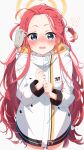  !? 1girl absurdres blue_archive blue_eyes blush bow braid commentary_request hair_bow halo highres jacket long_hair long_sleeves looking_at_viewer open_mouth partial_commentary red_hair reikakrzk short_twintails sweat twintails two_side_up very_long_hair white_bow white_jacket yellow_halo yuzu_(blue_archive) 