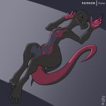  1:1 2021 anthro black_body breasts convenient_censorship digitigrade featureless_breasts female flat_chested full-length_portrait lying nintendo nude on_back pok&eacute;mon pok&eacute;mon_(species) portrait purple_eyes pyriax salazzle scalie small_waist solo video_games wide_hips 
