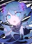  1girl bare_shoulders black_gloves black_shirt blue_eyes blue_hair commentary cracked_skin elbow_gloves fang frilled_neckwear ghost_rule_(vocaloid) giryu gloves glowing hand_up hatsune_miku highres long_hair looking_at_viewer open_mouth shattered shirt skin_fang sleeveless sleeveless_shirt solo twintails upper_body very_long_hair vocaloid wide-eyed 