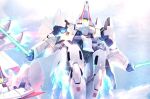  beam_saber cloud dual_wielding glowing glowing_eye gundam gundam_wing holding holding_sword holding_weapon looking_down mecha misaki_suzukaze mobile_suit no_humans one-eyed science_fiction sky solo_focus sword taurus_(mobile_suit) weapon 