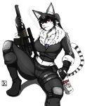  6ironknight9 alcohol anthro belt beverage black_hair boots clothing domestic_cat eyewear felid feline felis female footwear fur glasses gloves gopnik gun hair handwear hi_res jacket looking_at_viewer mammal nina_romanova ranged_weapon red_eyes russian shirt simple_background sitting smoking solo topwear vodka vss_vintorez weapon white_background white_body white_fur 