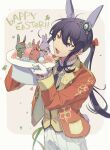  1boy :d animal_ears animalization beret border bow class_live_(ensemble_stars!) clover cowboy_shot earrings easter easter_egg egg english_text ensemble_stars! falling_petals floral_print_gloves floral_print_jacket flower-shaped_buttons four-leaf_clover frilled_shirt_collar frilled_sleeves frills glasses gloves hair_between_eyes hair_intakes hair_ornament hands_up happy hasumi_keito hat highres holding holding_hat holding_paintbrush holding_unworn_clothes jacket jewelry kanzaki_souma kiryu_kuro long_hair looking_at_animal male_focus multiple_earrings necktie official_alternate_costume orange_bow orange_jacket otogari_adonis paintbrush pants petals pocket ponytail purple_eyes purple_hair purple_necktie rabbit rabbit_boy rabbit_ears rabbit_tail shirt sidelocks smile solo striped_clothes striped_shirt sumomoi_(dvcat) tail top_hat unworn_hat unworn_headwear vertical-striped_clothes vertical-striped_shirt vest white_border white_gloves white_pants white_shirt yellow_background yellow_sleeve_cuffs yellow_vest 