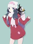  1girl backpack bag beanie blue_eyes blue_hair closed_mouth coat dawn_(pokemon) gen_4_pokemon hair_ornament hairclip hat krbchmgn long_hair looking_at_viewer pokemon pokemon_(creature) pokemon_(game) pokemon_dppt scarf simple_background smile solo starly winter_clothes 