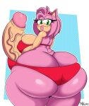  amy_rose anthro big_breasts big_butt big_penis bikini breasts butt clothing eulipotyphlan genitals green_eyes gynomorph hair hedgehog hi_res huge_butt huge_penis hyper hyper_butt hyper_genitalia hyper_penis intersex mammal mrxrickyx penis pink_body pink_hair solo sonic_the_hedgehog_(series) swimwear thick_thighs tongue tongue_out 