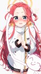  !? 1boy 1girl absurdres blue_archive blue_eyes blush bow braid doodle_sensei_(blue_archive) hair_bow halo highres jacket long_hair long_sleeves looking_at_viewer open_mouth red_hair reikakrzk sensei_(blue_archive) short_twintails sweat twintails two_side_up very_long_hair white_bow white_jacket yellow_halo yuzu_(blue_archive) 
