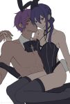 2boys abs alternate_costume alternate_hairstyle androgynous animal_ear_hairband animal_ears armpit_crease backless_leotard bare_hips black_bow black_bowtie black_choker black_leotard black_pants black_socks black_suspenders black_thighhighs blood blood_on_face bow bowtie choker closed_mouth collarbone crossdressing dark-skinned_male dark_skin detached_collar earrings ensemble_stars! fake_animal_ears feet_out_of_frame groin hair_between_eyes hair_bun hairband halter_leotard halterneck heads_together highleg highleg_leotard highres holding_hands jewelry kanzaki_souma leg_up leotard looking_at_viewer male_focus multiple_boys nancy980216 narrowed_eyes no_nipples off_shoulder open_mouth otogari_adonis pants pectoral_cleavage pectorals purple_eyes purple_hair rabbit_ears rabbit_tail short_hair silver_earrings single_hair_bun single_sidelock sitting sitting_on_lap sitting_on_person size_difference smile socks tail thighhighs thighs topless_male twitter_username yaoi yellow_eyes 