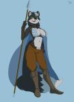  anthro big_breasts big_tail breasts canid canine canis cloak clothing female green_eyes hi_res mammal melee_weapon polearm solo spear vera weapon wolf zokva 