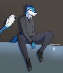 absurd_res anthro blue_body blue_eyes blue_fur bottomwear cel_shading clothed clothing cosmic_noodle dark_blue_fur dragon footwear full-length_portrait fur hi_res hybrid invalid_tag male multicolored_body multicolored_fur multicolored_tail pants portrait scales sergal shaded shoes simple_background sitting solo sweater topwear white_body white_fur 