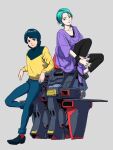  1boy 1girl aqua_hair blue_hair commentary four_murasame grey_background gundam gunpla highres kamille_bidan leaning mecha mobile_armor mobile_suit model_kit psyco_gundam robot science_fiction sitting sketch teikoku_jokyoku toy zeta_gundam 