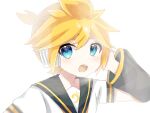  1boy :o akikan_sabago arm_warmers bass_clef black_collar black_sleeves blonde_hair bloom blue_eyes collar commentary hand_on_headphones hand_up kagamine_len looking_at_viewer male_focus open_mouth portrait sailor_collar shirt short_ponytail short_sleeves solo spiked_hair vocaloid white_background white_shirt 