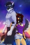  2021 5_fingers anthro black_hair black_nose breasts canid canine canis clothed clothing detailed_background digital_media_(artwork) domestic_dog duo female fingers hair hi_res male mammal night outside satsukii sky smile star starry_sky wolf 