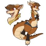  1:1 2021 absurd_res anthro bottomwear brown_body brown_fur canid canine clothed clothing dragon fangs fox fur hi_res horn hotpants hybrid louart mammal midriff open_mouth open_smile shorts signature simple_background smile solo teeth white_background 