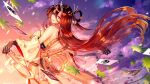  1girl autumn_leaves breasts brown_hair chiachun0621 fate/grand_order fate/requiem fate_(series) from_behind highres horns kijo_kouyou_(fate) long_hair looking_back off-shoulder_kimono slit_pupils smile twilight wide_sleeves 