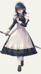  1girl alternate_costume apron bangs black_dress black_footwear blue_hair byleth_(fire_emblem) byleth_(fire_emblem)_(female) commentary_request dress enmaided eyebrows_visible_through_hair fire_emblem fire_emblem:_three_houses frilled_dress frills full_body grey_background hair_between_eyes hand_up head_tilt highres holding holding_weapon loafers long_hair long_sleeves looking_at_viewer maid maid_apron maid_headdress mano_(m1n0f2e1) purple_eyes shiny shiny_hair shoes sidelocks simple_background solo twitter_username weapon white_legwear 