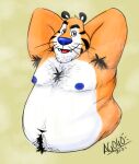  agogoart anthro armpit_hair belly bodily_fluids body_hair chest_hair felid feline frosted_flakes hairy kellogg&#039;s male mammal mascot overweight overweight_anthro overweight_male pantherine solo sweat tiger tony_the_tiger 