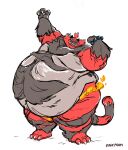  2019 3_toes 4_fingers anthro belly big_belly bracelet claws duskpoom eyes_closed feet fingers fire fur grey_belly hair hi_res hyper hyper_belly incineroar jewelry looking_at_viewer love_handles male morbidly_obese morbidly_obese_anthro morbidly_obese_male navel nintendo nude obese obese_anthro obese_male overweight overweight_anthro overweight_male pok&eacute;mon pok&eacute;mon_(species) ponytail red_body red_fur simple_background smile solo standing stretching stripes teeth thick_thighs toes video_games 
