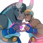  2boys animal_ears armlet asterius_(hades) black_eyes black_hair blonde_hair blue_gloves chromatic_aberration closed_eyes commentary cow_ears cow_horns dark_skin dark_skinned_male english_commentary facing_viewer fingerless_gloves gloves greek_clothes grin hades_(game) heart heart_hands heart_hands_duo highres horns laurel_crown looking_at_viewer male_focus minotaur multiple_boys muscular muscular_male nose_piercing nose_ring piercing proxysart short_hair simple_background smile theseus_(hades) white_background 