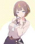  1girl :o anya_melfissa anya_melfissa_(casual) arm_behind_back braid brown_hair brown_shirt collared_shirt earrings half-skirt highres hololive hololive_indonesia jewelry kris_hair_ornament leaf_earrings light_blush long_sleeves multicolored_hair neckerchief official_alternate_costume official_alternate_hair_length official_alternate_hairstyle parted_lips polka_dot polka_dot_background puffy_long_sleeves puffy_sleeves purple_eyes ren_0_(044ren) shirt short_hair side_braid solo streaked_hair upper_body v_over_mouth virtual_youtuber white_neckerchief 