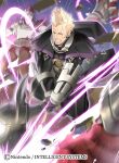  armor attack axe blonde_hair brady_(fire_emblem) debris fire_emblem fire_emblem_awakening fire_emblem_cipher gauntlets helmet holding holding_axe holding_weapon homa_kura looking_down open_mouth rock scar scar_across_eye teeth weapon 