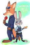  anthro barefoot belt bottomwear canid canine chu_twst clothed clothing disney duo feet fox fully_clothed fur grey_body grey_fur hi_res judy_hopps lagomorph leporid looking_at_viewer mammal nick_wilde open_mouth open_smile orange_body orange_fur pants purple_eyes rabbit red_fox shirt smile standing topwear zootopia 