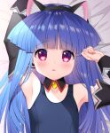  1girl animal_ear_fluff animal_ears arm_up armpits bangs bare_shoulders black_hairband blue_hair blue_swimsuit blunt_bangs blush cat_ears collarbone commentary_request detached_collar detached_sleeves eyebrows_visible_through_hair fake_animal_ears flat_chest furude_rika gaou_(babel) hairband hand_up heart heart_in_eye higurashi_no_naku_koro_ni long_hair looking_at_viewer one-piece_swimsuit parted_lips purple_eyes school_swimsuit solo swimsuit symbol_in_eye upper_body 