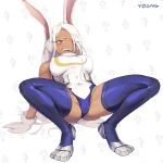  1:1 2021 abs animal_humanoid blush breasts brown_body brown_skin camel_toe clothing female gloves hair handwear hi_res humanoid lagomorph lagomorph_humanoid legwear leotard leporid_humanoid mammal mammal_humanoid miruko my_hero_academia nipple_outline rabbit_humanoid red_eyes solo spread_legs spreading thigh_highs white_hair y0ung772 