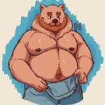  1:1 2021 anthro bodily_fluids brown_body brown_fur clothing fur hi_res liursinho male mammal moobs navel nipples overalls overweight overweight_anthro overweight_male simple_background solo sweat ursid 