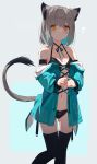  1girl animal_ears aqua_background armband bare_shoulders black_bra black_legwear black_panties blue_jacket bra eyebrows_visible_through_hair grey_background highres jacket looking_at_viewer multicolored_hair nagishiro_mito orange_eyes original panties short_hair silver_hair simple_background solo standing streaked_hair tail thighhighs two-tone_background underwear undressing 