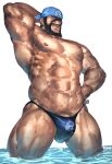  1boy abs alternate_costume archie_(pokemon) armpit_hair armpits bandana bara bare_pectorals beard black_hair blue_male_swimwear bulge dark_skin dark_skinned_male facial_hair grin highres large_pectorals male_focus male_pubic_hair male_swimwear mature_male multicolored_hair muscular muscular_male navel navel_hair nipples partially_submerged pectorals penis_peek pokemon pokemon_(game) pokemon_rse print_male_swimwear pubic_hair rybiokaoru short_hair smile solo stomach streaked_hair swim_briefs swimwear thick_thighs thighs wet 