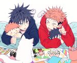  2boys animal black_eyes black_hair black_hoodie blush cat child child_drawing cup dmsco1803 full_body fushiguro_megumi highres holding_crayon hood hood_down hoodie itadori_yuuji jujutsu_kaisen long_sleeves looking_at_another lying male_focus multiple_boys on_stomach open_mouth pink_hair red_hoodie short_hair simple_background smile spiked_hair stuffed_toy toy undercut white_background yellow_eyes younger 