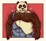  2021 anthro black_body black_fur clothing fur giant_panda hi_res humanoid_hands liursinho male mammal musclegut nipples overalls solo ursid white_body white_fur 