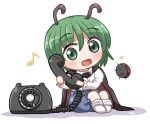  1girl :d bangs blue_pants bug cape eighth_note eyebrows_visible_through_hair full_body green_eyes green_hair heart holding holding_phone insect knees_up ladybug long_sleeves looking_at_viewer musical_note open_mouth pants phone rokugou_daisuke rotary_phone shirt short_hair simple_background sitting smile touhou white_background white_shirt wriggle_nightbug 