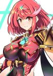  1girl armor bangs breasts chest_jewel cleavage_cutout clothing_cutout earrings eyebrows_visible_through_hair headpiece highres jewelry looking_at_viewer pyra_(xenoblade) red_eyes red_hair short_hair smile solo swept_bangs synchroman xenoblade_chronicles_(series) xenoblade_chronicles_2 