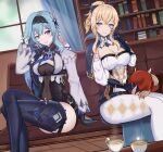  3girls absurdres black_gloves black_hairband blonde_hair blue_bow blue_capelet blue_eyes blue_hair bookshelf boots bow breasts brulee capelet cleavage corset couch crossed_legs cup eula_(genshin_impact) genshin_impact gloves grey_shirt hair_bow hairband highres jean_gunnhildr klee_(genshin_impact) lap_pillow large_breasts light_smile looking_at_viewer medium_hair multiple_girls on_couch pantyhose ponytail purple_eyes red_headwear shirt short_hair sitting steam table teacup thigh_boots thighhighs thighs white_corset white_legwear 