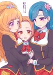  3girls :t aikatsu! aikatsu!_(series) aikatsu_on_parade! arm_grab asymmetrical_bangs bangs between_breasts black_jacket blue_hair bow bowtie breast_envy breasts closed_mouth commentary dream_academy_uniform drill_hair eyebrows_visible_through_hair flower forehead girl_sandwich gold_trim gradient_hair hair_flower hair_intakes hair_ornament hair_over_shoulder half-closed_eyes himesato_maria hug jacket kazesawa_sora large_breasts long_hair mizuki_maya mole mole_under_mouth multicolored_hair multiple_girls open_mouth orange_eyes orange_hair otoshiro_noel parted_bangs pink_eyes plaid plaid_skirt pleated_skirt pout purple_eyes purple_hair red_neckwear red_skirt sandwiched school_uniform shirt simple_background skirt smile upper_body white_background white_shirt yuri 