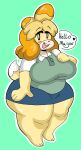  animal_crossing anthro big_breasts blonde_hair blush bottomwear breasts canid canine canis clothing domestic_dog dork_boi female green_background hair hi_res isabelle_(animal_crossing) mammal nintendo short_stack simple_background skirt slightly_chubby solo video_games wide_hips yellow_body 