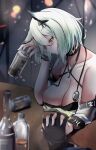  1girl absurdres arknights bare_shoulders beer_can blush breasts can choker collarbone drunk green_eyes green_hair highres holding_hands interlocked_fingers kal&#039;tsit_(arknights) kouki_hanada large_breasts short_hair sweat 