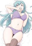  1girl aqua_eyes aqua_hair blush bra breasts covering_mouth hair_ornament hairclip hand_over_own_mouth highres kantai_collection large_breasts looking_at_viewer lying navel on_back panties purple_bra purple_panties solo suzuya_(kancolle) thighhighs underwear vent_arbre 