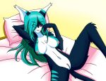  anthro bed big_breasts blue_body blue_fur blue_hair breasts claws domestic_cat felicia_(nikku_lunatique) felid feline felis female fur furniture genitals hair hand_behind_head hand_on_face hi_res long_hair looking_at_viewer lying mammal navel nikku_lunatique nipple_piercing nipples nude on_back one_eye_obstructed piercing pillow pink_claws pink_eyes pussy smile solo stripes white_body white_fur 