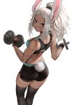  1girl animal_ears ass back bangs bare_shoulders biceps black_bra black_legwear black_shorts blue_bra boku_no_hero_academia bra bunny_ears bunny_tail dark_skin dark_skinned_female dumbbell fingerless_gloves gloves grin high_ponytail highres joshirah kneepits long_eyelashes long_hair looking_at_viewer looking_back mirko muscular muscular_female parted_bangs rabbit_girl red_eyes shorts simple_background skindentation smile solo sports_bra sportswear tail tail_through_clothes thighhighs thighs twitter_username two-tone_bra underwear weightlifting weights white_background white_hair 