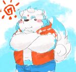  2021 agyou anthro asian_mythology blue_body blue_fur blush bottomwear clothing cute_fangs east_asian_mythology foo_dog fur hoodie japanese_mythology kemono kipchin_2nd00 komainu male mammal mythology navel shorts slightly_chubby solo sun tokyo_afterschool_summoners topwear video_games white_body white_fur young yōkai 