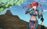  1girl breasts hair_ribbon hat heterochromia highres hololive houshou_marine large_breasts long_hair looking_at_viewer monster_hunter_(series) navel open_mouth red_eyes red_hair ribbon solo twintails virtual_youtuber yellow_eyes 