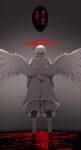  1boy akudama_drive angel_wings boots cutthroat_(akudama_drive) feathered_wings from_behind gradient gradient_background grey_background halo highres lanying-yixuan long_sleeves male_focus pantyhose shiny shiny_hair short_hair translation_request white_wings wings 