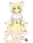  1girl absurdres animal_ear_fluff animal_ears back_bow bangs blonde_hair bow bowtie cat_ears cat_girl cat_tail commentary elbow_gloves extra_ears eyebrows_visible_through_hair gloves hair_between_eyes high-waist_skirt highres kemono_friends looking_at_viewer petticoat print_skirt sand_cat_(kemono_friends) sand_cat_print shiraha_maru shirt short_hair simple_background skirt sleeveless sleeveless_shirt smile solo tail twitter_username white_background white_shirt yellow_eyes yellow_skirt 