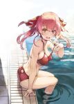  1girl bangs bikini blush breasts hair_ribbon heterochromia hololive houshou_marine large_breasts long_hair looking_at_viewer nishii_(nitroplus) open_mouth pool red_eyes red_hair ribbon smile solo swimsuit twintails virtual_youtuber yellow_eyes 