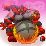  3_toes 5_fingers absurd_res anthro belly big_belly big_muscles black_body black_fur bodily_fluids claws drooling eggo21 fangs feet fingers fire fur green_eyes grey_belly hi_res incense incineroar inflation male musclegut muscular muscular_anthro muscular_male narrowed_eyes navel nintendo open_mouth pecs pok&eacute;ball pok&eacute;mon pok&eacute;mon_(species) red_body red_fur saliva saliva_string smoke solo toes tongue video_games yellow_sclera 