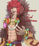  1boy abs bangle bangs bracelet commentary_request detached_sleeves english_text eyebrows_visible_through_hair fur_collar gold grey_background hair_between_eyes jewelry looking_at_viewer male_focus misuguu official_alternate_costume open_clothes open_mouth open_shirt purple_belt ragnarok_online red_eyes red_hair red_shirt shirt short_hair simple_background solo sorcerer_(ragnarok_online) spiked_hair upper_body yellow_sleeves 