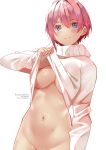  1girl arm_at_side artist_name bangs blue_eyes blush bottomless breasts cleavage closed_mouth clothes_lift go-toubun_no_hanayome groin large_breasts lifted_by_self long_sleeves looking_at_viewer nakano_ichika naked_sweater navel no_bra out-of-frame_censoring pink_hair short_hair simple_background smile solo stomach sweater sweater_lift sydus turtleneck turtleneck_sweater white_background 